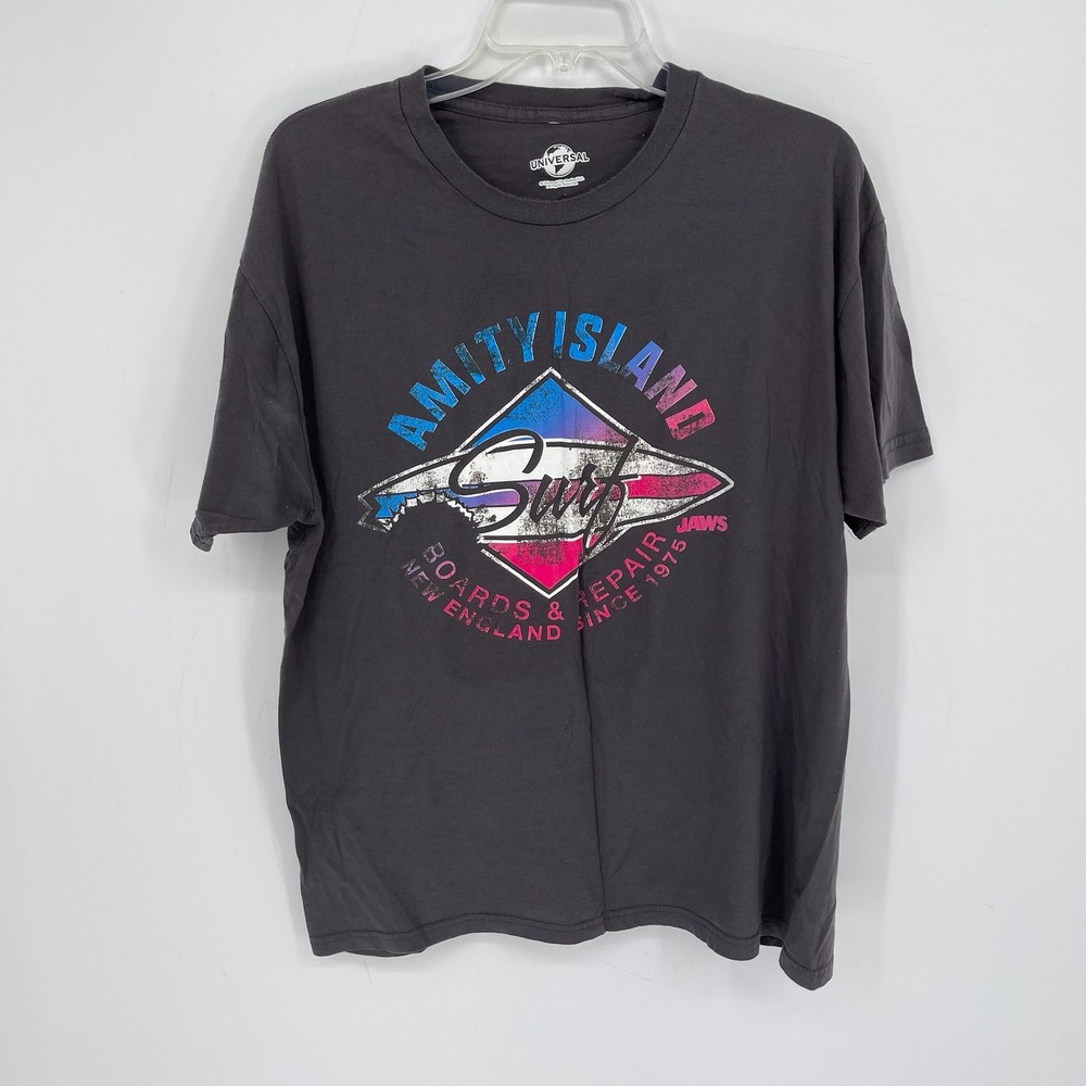 Universal Studios Mens Gray Jaws Amity Island Surf Graphic Tee T-Shirt Size L